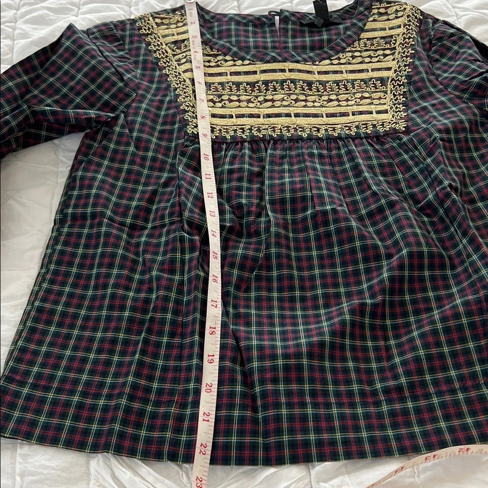 NWT J.Crew Embroidered in Gold Holiday Plaid Peasant Blouse Top PXS
